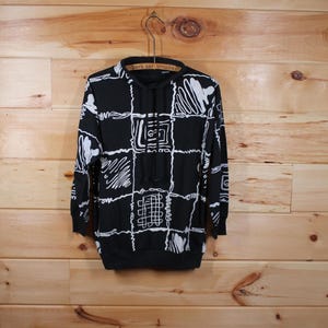 vintage Sweat-shirt léger imprimé noir et blanc, taille adulte, moyenne