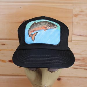 Vintage Rainbow Trout Puff Patch Fishing Black Trucker Snapback Hat Adjustable Adult Size