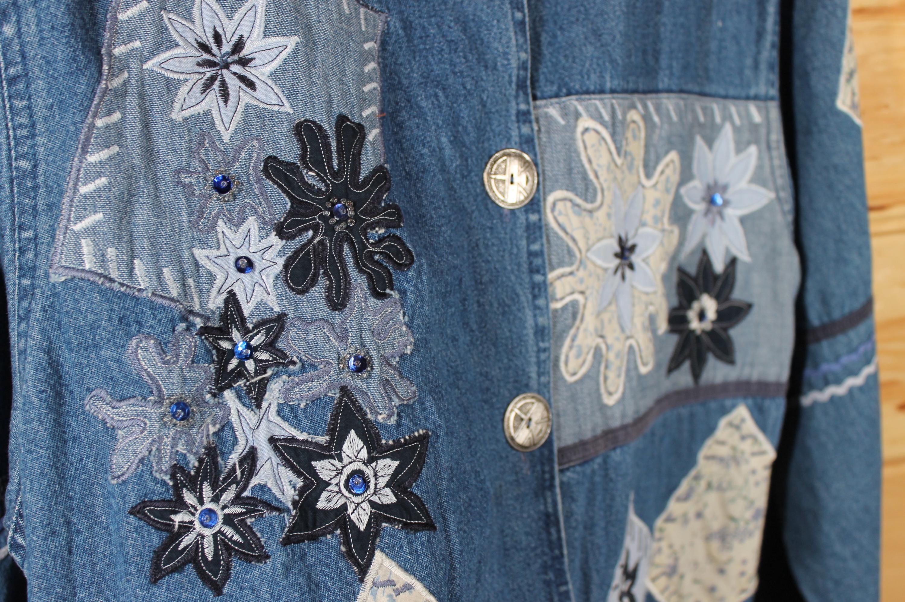 Vintage Karen Hart Embroidered Floral Patchwork Denim Button up 