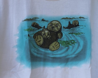 Vintage Sea Otter Cute Nature Wildlife White Single Stitch T-Shirt Adult  Size XL