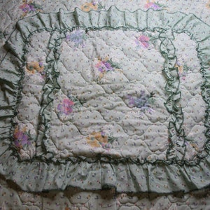 Vintage Green and Purple Flower Floral Bedspread with Two Matching Pillow Shams