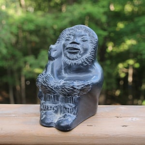 Vintage Soapstone Art Carving Inuit Man Holding Eskimo Dog
