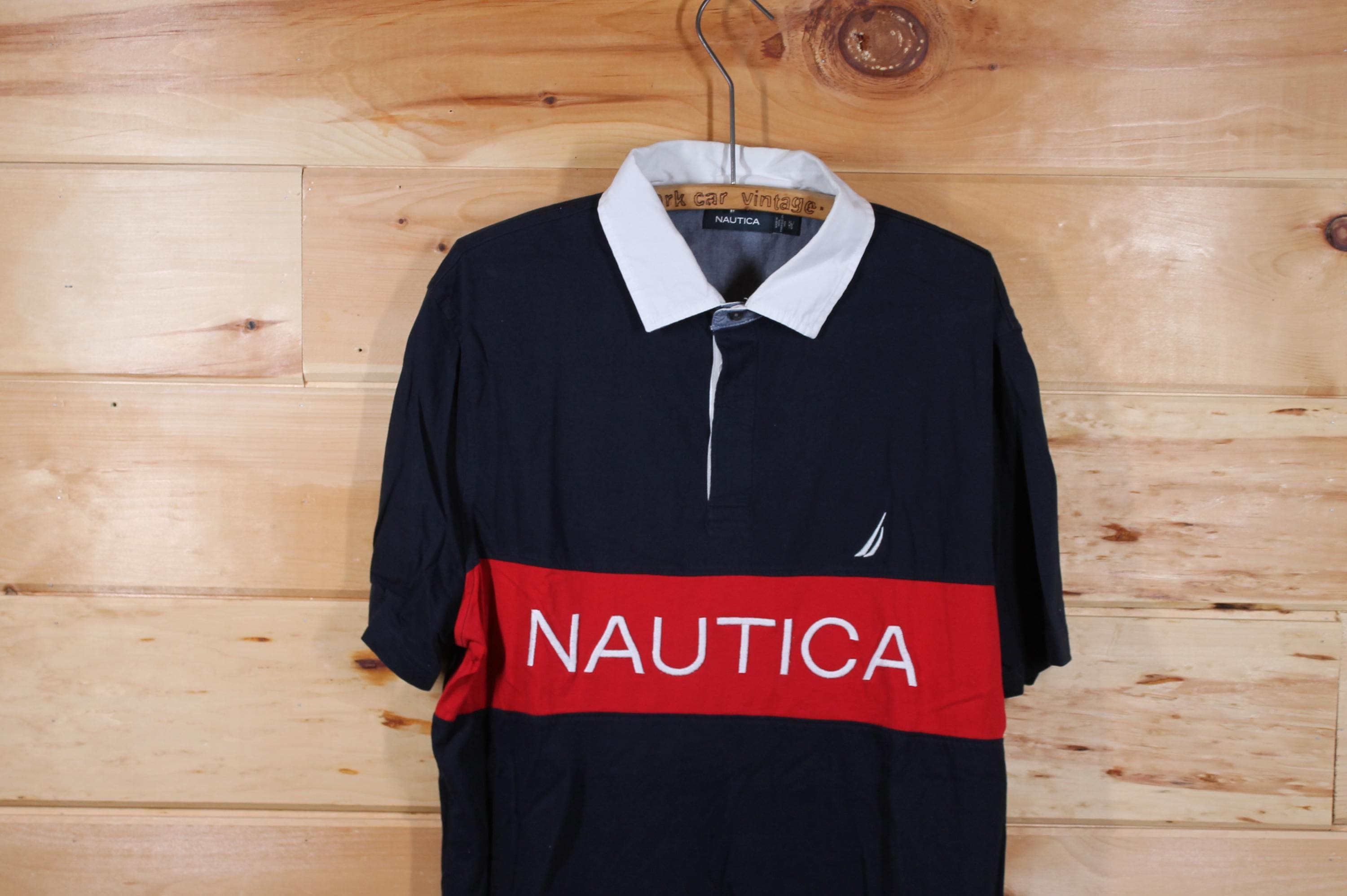 Vintage Nautica Collared Spell Out Polo Preppy Blue Shirt Adult 