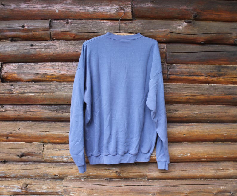 Puede incluir: Una sudadera azul claro cuelga de una percha de madera sobre un fondo de troncos de madera r&uacute;sticos. La parte superior de manga larga tiene cuello redondo y pu&ntilde;os y dobladillo acanalados. La tela parece suave y ligeramente arrugada.