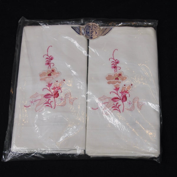 Vintage Pair Set of White Embroidered Floral Cotton Pillowcases New in Package Sealed