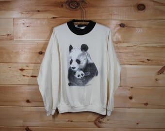 Vintage 80s Crewneck Sweatshirt PANDA Bears Animal Love Medium