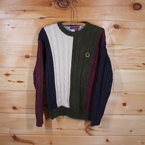 Vintage Tommy Hilfiger Heavy Cable Knit Pullover Multi Colour Sweater Adult Size Medium