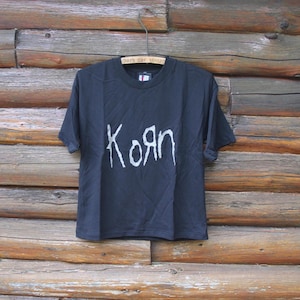 Vintage KORN Women&#39;s Glitter Spell Out Rock Band T-Shirt Giant Tag Size Small
