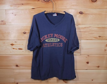 Vintage Disney Mickey Mouse Athletics Blue Distressed V Neck T-Shirt Adult Size XXL