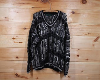 Vintage Tundra 3D Knit Coogie Style Black and Grey Pattern Sweater Adult Size XL