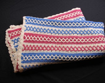 Vintage Crochet Afghan Striped White Blue and Pink 3D Knit Throw Lap Blanket