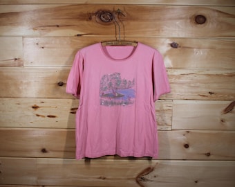 Vintage Northern Reflections Muskoka Chair On The Cottage Dock Lake Pink T-Shirt Adult Size Medium