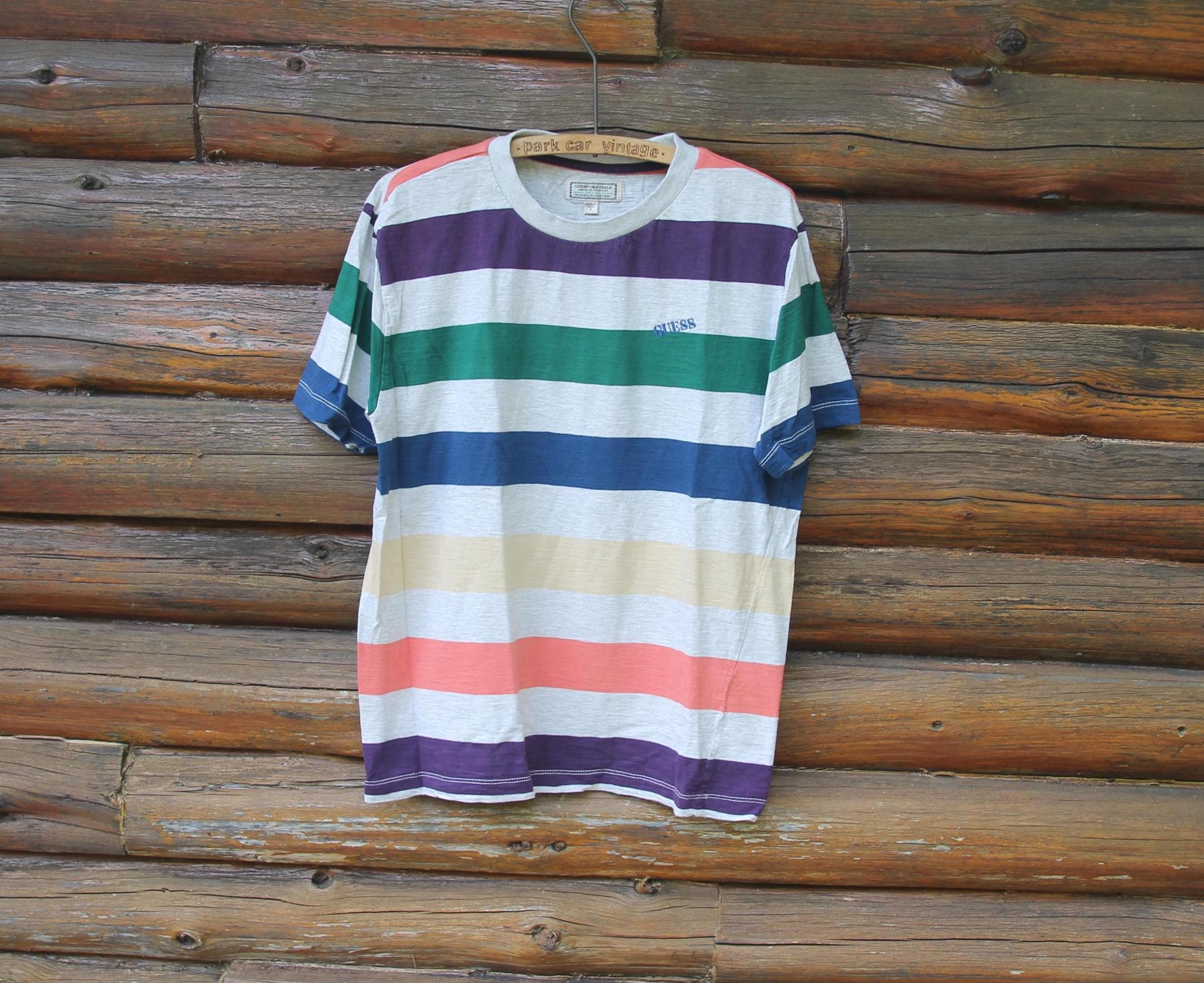 Vintage Guess Originals USA Striped Grey T-shirt Adult Size Small 