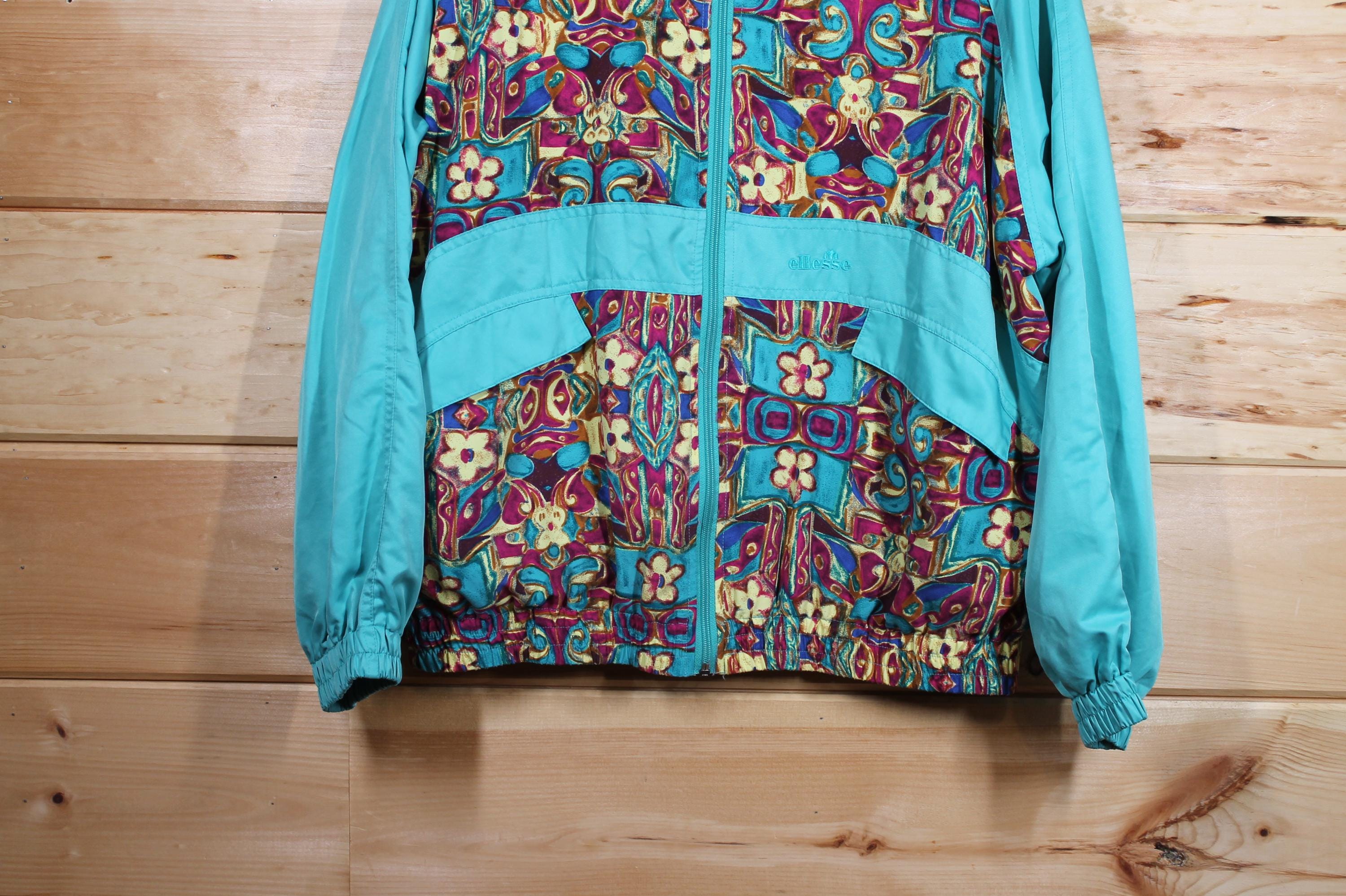Vintage Ellesse Teal Flower Pattern Light Full Zip Jacket Adult
