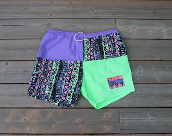 Vintage Pacific Multi Colour Neon Retro Bathing Suit Shorts Adult Size XL