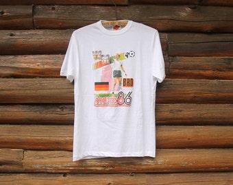 Vintage Germany 1986 Mexico Football World Cup Soccer Ringer White Single Stitch T-Shirt Adult Size Large