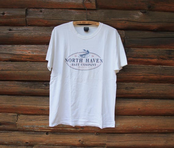 Vintage North Haven Bait Company Cobskook Bay Fishing Fish White T-Shirt Adult Size Large