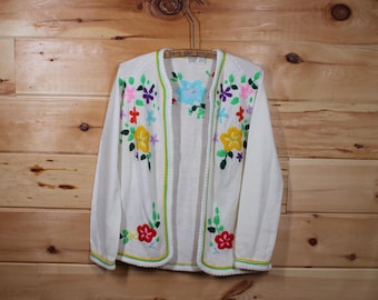 Vintage Blumen Blumen weiß Strickjacke Pullover Erwachsenengröße groß