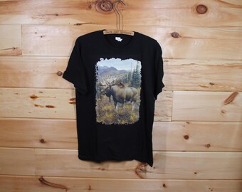 Maglietta nera vintage Moose in Forest Nature Outdoors, taglia media per adulti