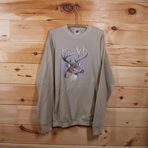Vintage Deer Buck Head Outdoors Nature Beige Pullover Sweatshirt Adult Size XL