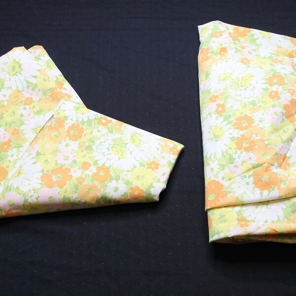 Vintage Texmade Orange Flower Floral Flat And Fitted Full/Double Bed Sheet Set