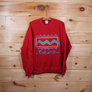 Vintage Taos Abstract Art Spell Out Red Sweatshirt Adult Size XL (fits M)