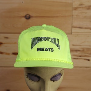 Vintage Harvest Hill Meats Neon Yellow Snapback Rope Hat Adjustable Adult Size