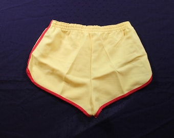 Vintage Sears Short Shorts Yellow With Red Trim Retro Running Adult Size 15