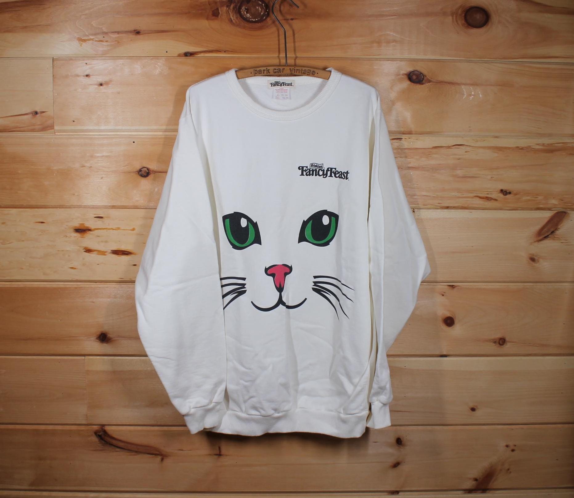Vintage Cat Big Face Sweatshirt Crewneck Adult Large White