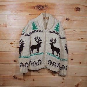 Vintage Heavy Knit Deer Cute Cottage Themed Full Zip Sweater Adult Size Medium