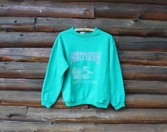 Sudadera vintage Northern Reflections Loon On Lake Green Cottage Essentials, talla mediana para adulto (equivale a una S).