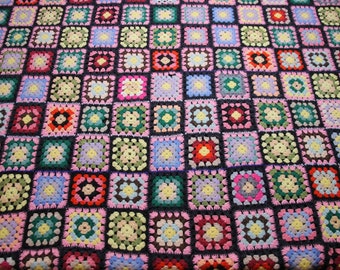 Vintage Multi-Color Crochet Granny Square Baby Blanket Throw (45.5" x 44")