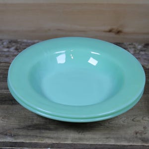 Vintage Lot of 2 Anchor Hocking Fire King Jadeite Green Flat Rim Soup Bowls - Retro Country Kitchen Decor
