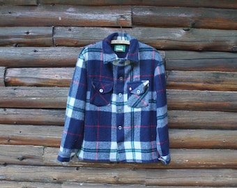 Vintage Canadian Lumber Jac Blue Plaid Wool Jacket Camp Coat Adult Size Large
