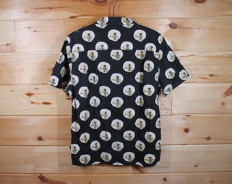 Vintage Stussy Y2K Skeleton All Over Print Black Polo Preppy Shirt