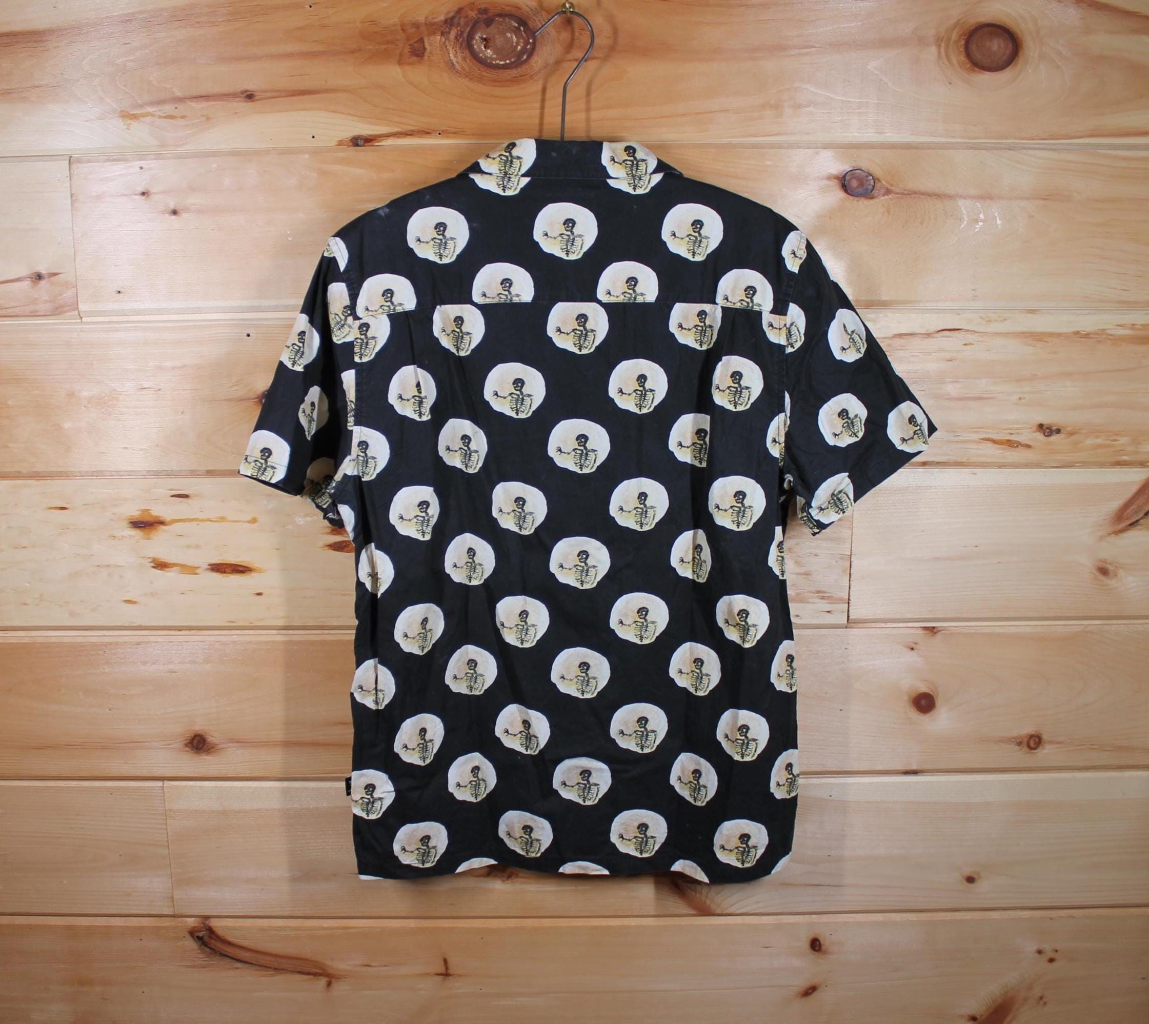 Vintage Stussy Y2K Skeleton All Over Print Black Polo Preppy Shirt