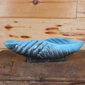 Op de afbeelding: Een blauwe en zwarte keramische plantenpot in de vorm van een schelp. De pot heeft een golvend, getextureerd ontwerp.