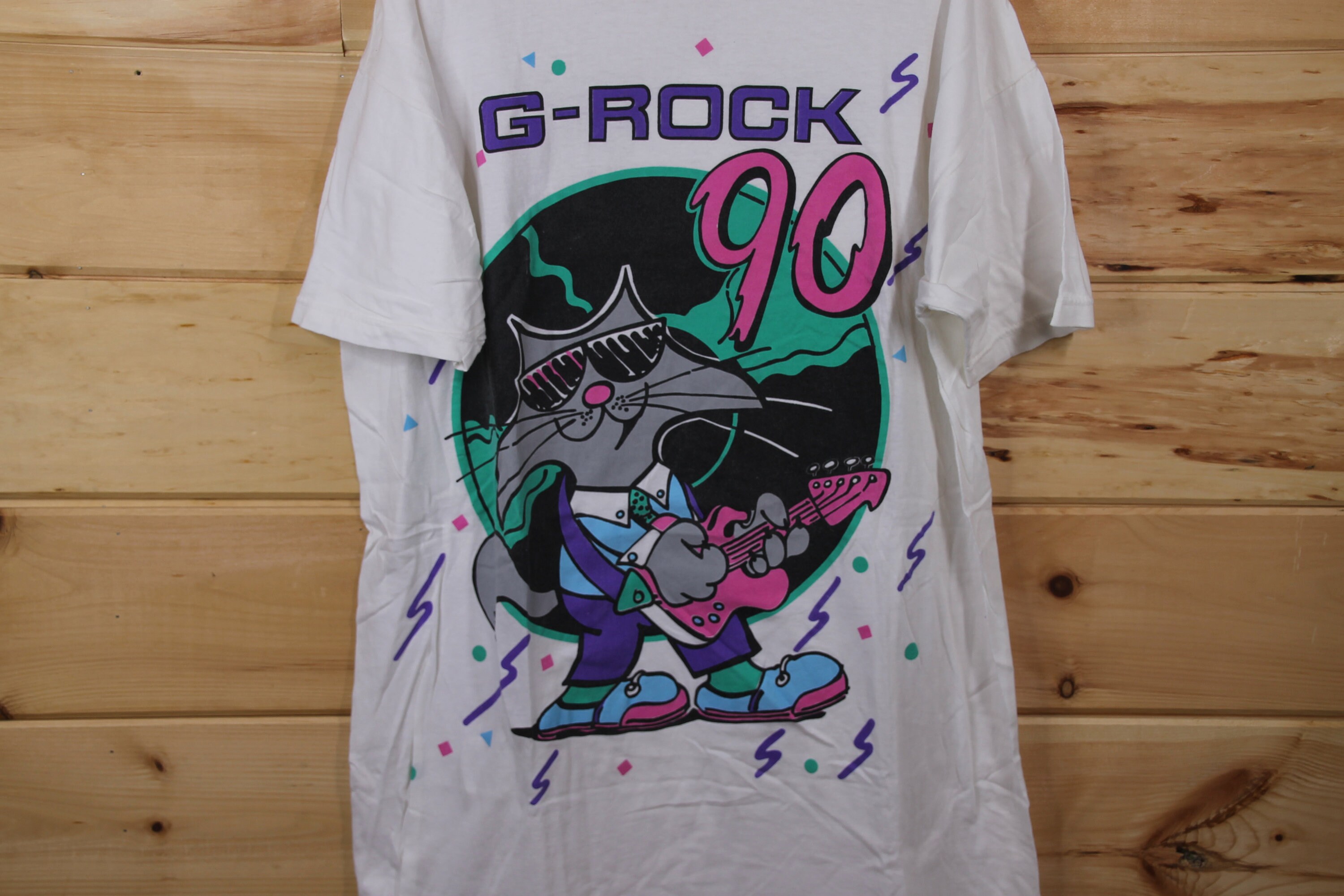 Vintage G-rock Cartoon Cat Guitar T-shirt, 90s Retro Design (size
