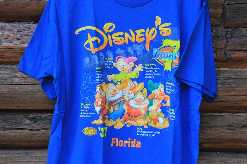 Vintage Walt Disney World Snow White 7 Dwarfs Florida Blue Tshirt