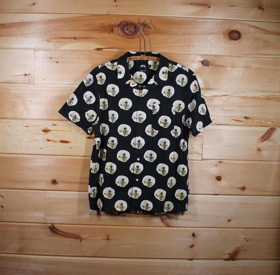 Vintage Stussy Y2K Skeleton All Over Print Black Polo Preppy Shirt