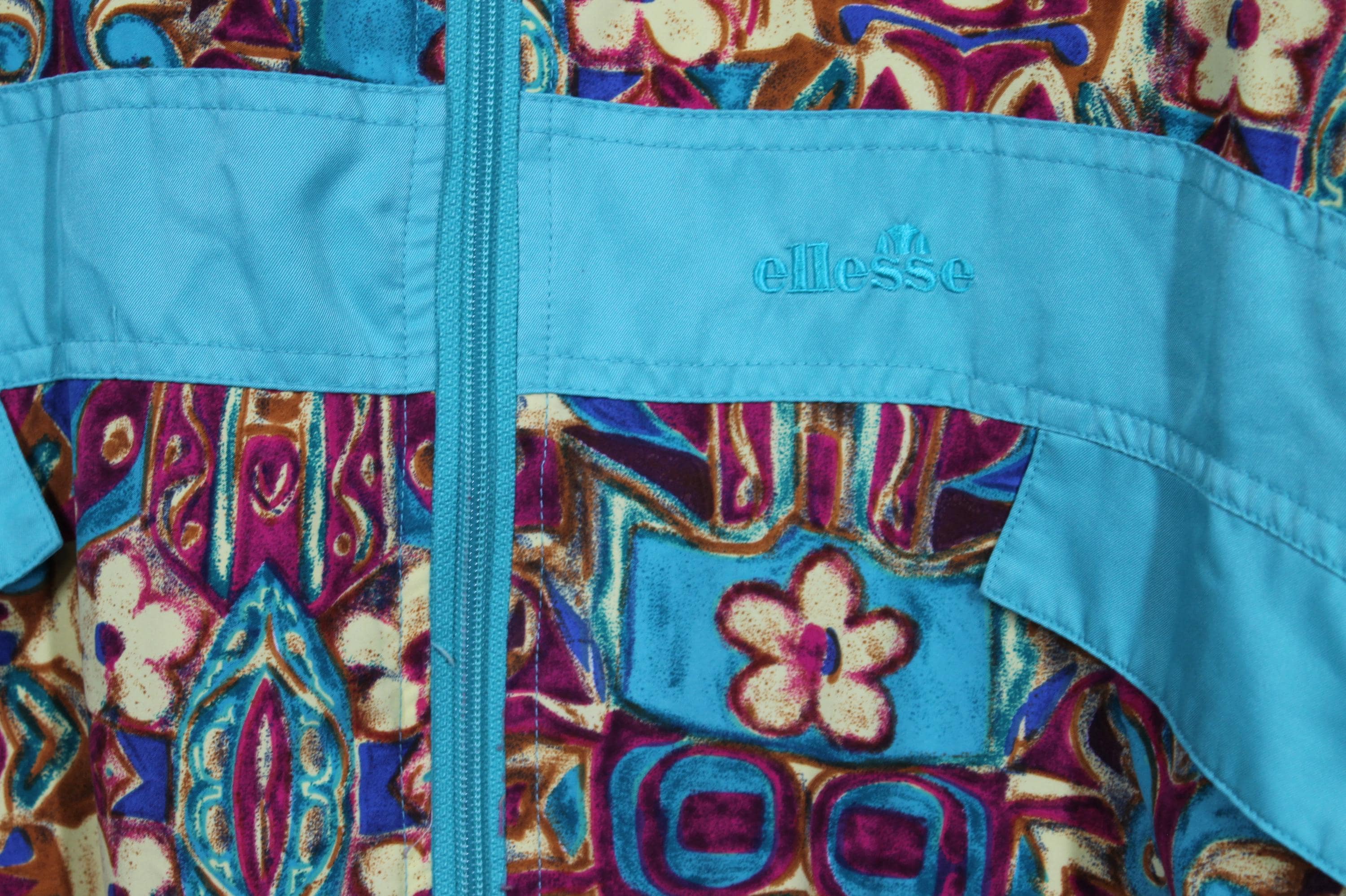 Vintage Ellesse Teal Flower Pattern Light Full Zip Jacket Adult