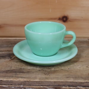 Vintage Fire King Jadeite Green Restaurant Ware USA Heavy Tea Cup and Saucer Set - Retro Kitchen Home Decor