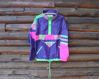 Vintage Purple with Neon Pullover Retro Light Jacket Adult Size Small Windbreaker (fits M)