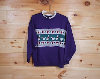 Vintage Cute Duck / Mother Goose Knit Front Purple Sweatshirt Adult Size Medium