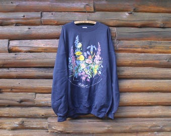 Vintage Wildflowers Victoria Canada Flowers Floral Blue Sweatshirt Adult Size XXL