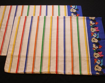 Vintage Pair of Disney Characters Multi Colour Striped Pillowcases Mickey Mouse Minnie Donald Goofy