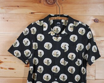 Vintage Stussy Y2K Skeleton All Over Print Black Polo Preppy Shirt