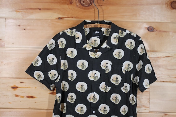 Vintage Stussy Y2K Skeleton All Over Print Black Polo Preppy Shirt