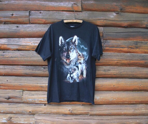 Vintage Wolf With Baby Pups Double Sided Nature Wildlife Black T