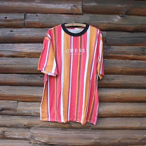 Vintage Guess Jeans Los Angeles Striped Orange T-Shirt Adult Size XL